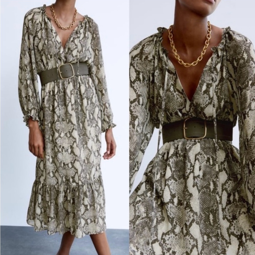 Zara Grey and Cream Snake/Python Print Long-Sleeve XS Midi Dress With Belt / NWT